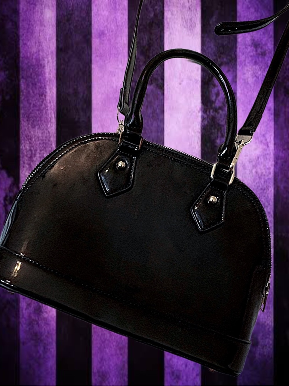 Classic Black Patent Faux Leather Dome Satchel Shoulder Bag